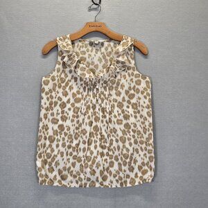 Loft Blouse Top Tan White Leopard Print Cotton Sheer Pullover Ruffle Size XS